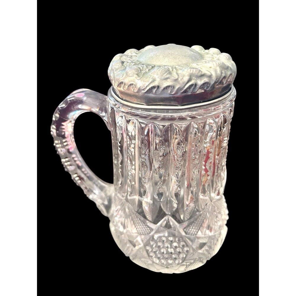 Antique EAPG pressed glass water pitcher With Zinc Lid 8.5” Early American